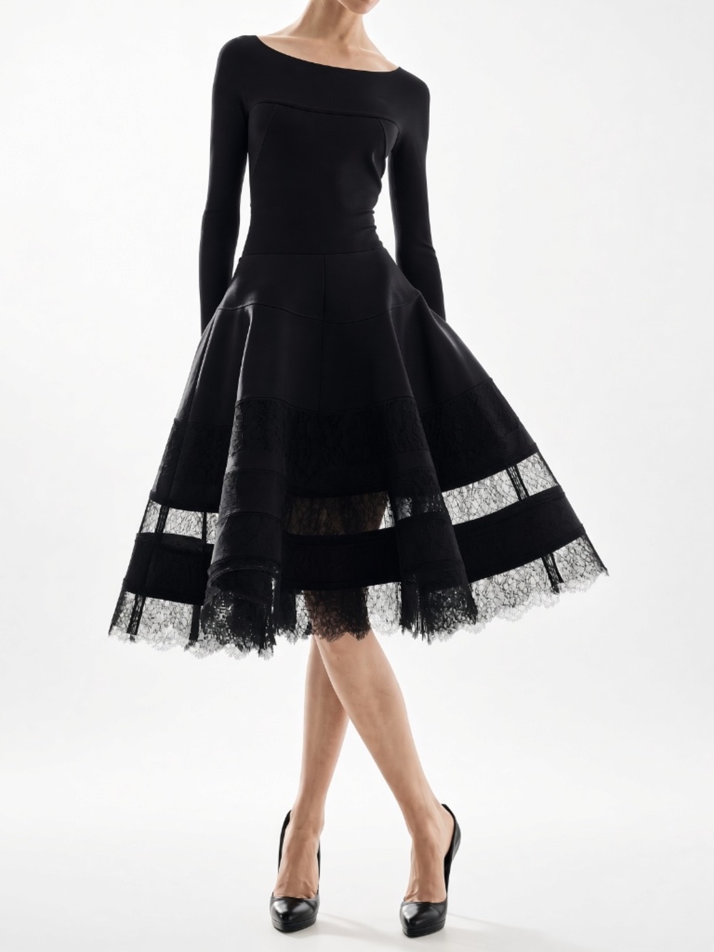 DONNA KARAN $1595 Runway *Queen Rania* Black Scuba Lace Trim A-Line Skirt 8-10